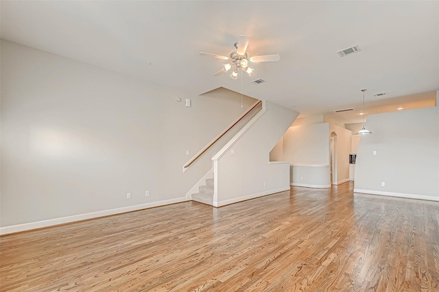 unfurnished living room with ceiling fan and light hardwood / wood-style floors