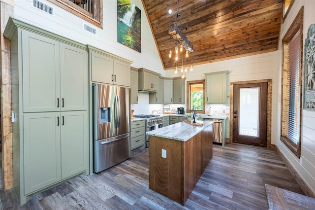 kitchen featuring appliances with stainless steel finishes, dark wood finished floors, wood ceiling, and a kitchen island