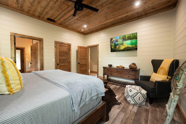 bedroom featuring wooden ceiling, visible vents, wood finished floors, and recessed lighting