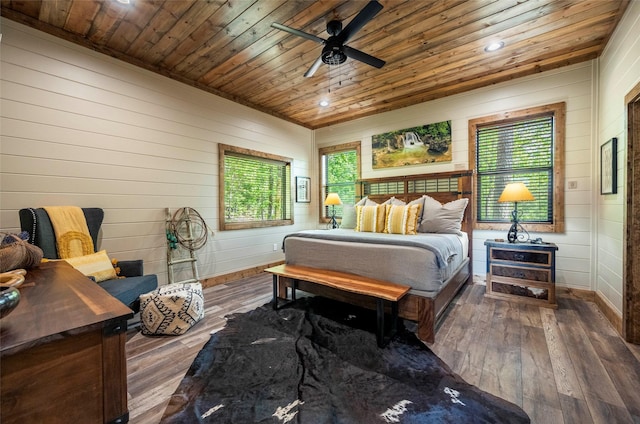 bedroom with wooden ceiling, wood finished floors, and recessed lighting