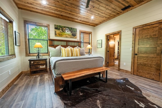 bedroom featuring recessed lighting, wooden ceiling, visible vents, and wood finished floors