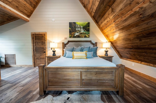 bedroom with lofted ceiling, wooden walls, wood ceiling, visible vents, and dark wood finished floors