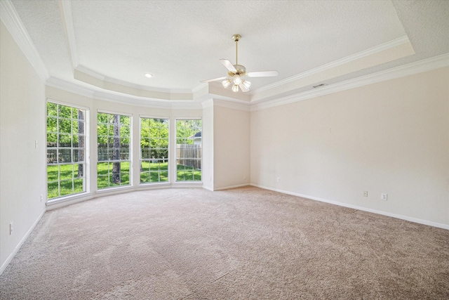 carpeted spare room with a raised ceiling, ceiling fan, and ornamental molding