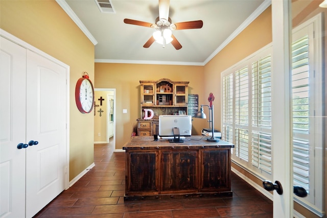 office space featuring baseboards, visible vents, a ceiling fan, ornamental molding, and dark wood-style flooring