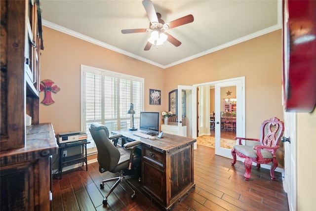 office with a ceiling fan, ornamental molding, dark wood-type flooring, and french doors