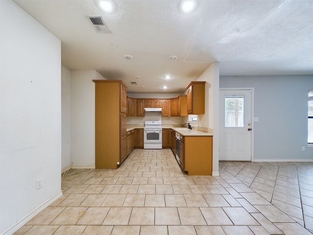 kitchen with dishwashing machine, a textured ceiling, sink, light tile patterned floors, and white electric range