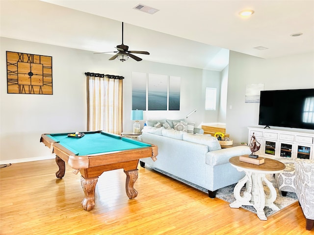 game room featuring ceiling fan, billiards, and light hardwood / wood-style flooring