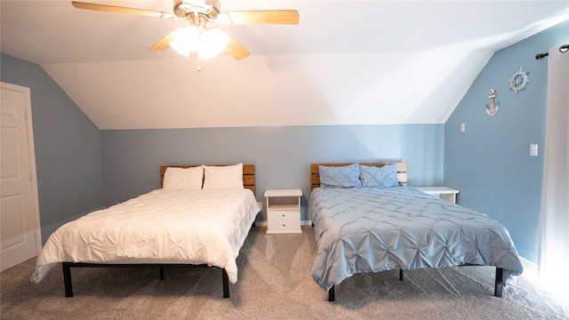 carpeted bedroom featuring ceiling fan and lofted ceiling