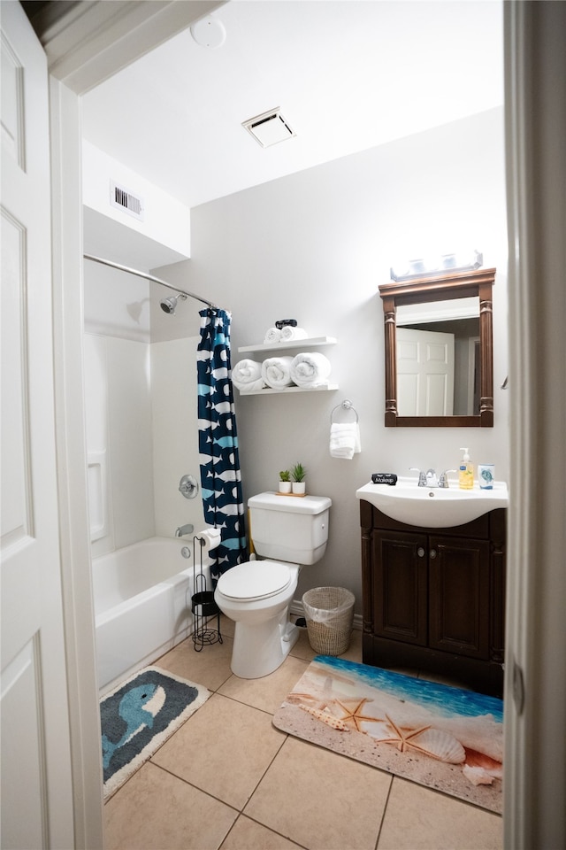 full bathroom with shower / bathtub combination with curtain, oversized vanity, toilet, and tile floors