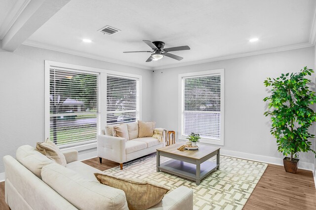 living room with ceiling fan, hardwood / wood-style flooring, and ornamental molding