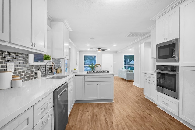 kitchen with ceiling fan, sink, crown molding, white cabinetry, and stainless steel appliances