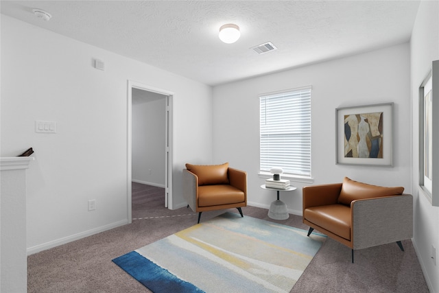 living area featuring carpet floors and a textured ceiling