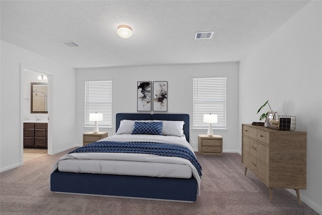 carpeted bedroom with sink, a textured ceiling, and ensuite bath