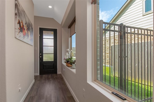 doorway to outside with dark hardwood / wood-style flooring, a healthy amount of sunlight, and lofted ceiling