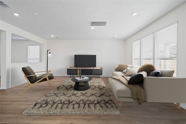 living room featuring light hardwood / wood-style flooring and a textured ceiling