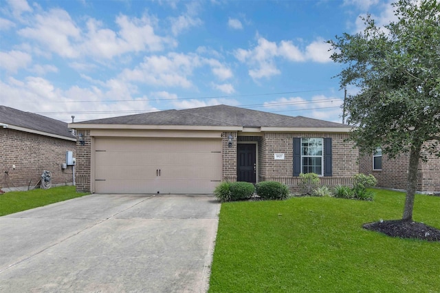 ranch-style house with a front yard and a garage