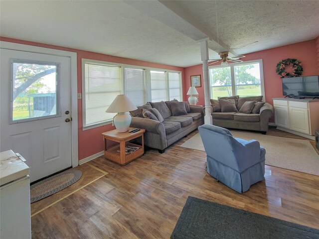 living room with a textured ceiling, light hardwood / wood-style flooring, plenty of natural light, and ceiling fan