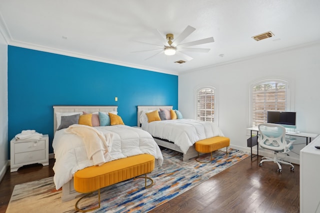 bedroom featuring ceiling fan, hardwood / wood-style flooring, and ornamental molding