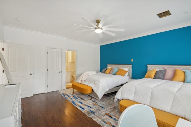 bedroom featuring ensuite bathroom, ceiling fan, hardwood / wood-style floors, and crown molding