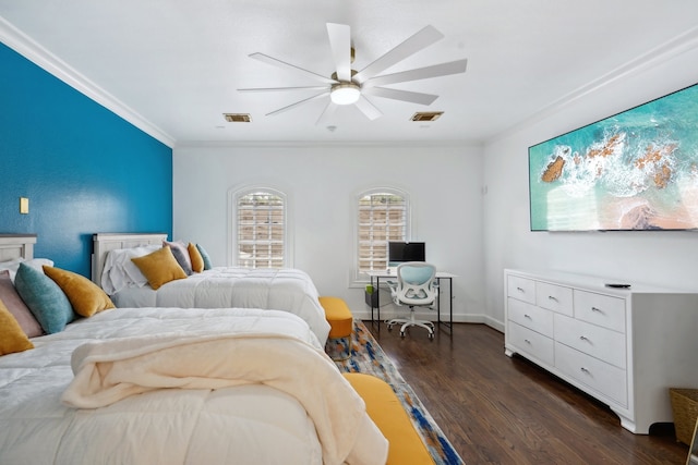 bedroom with ceiling fan, crown molding, and dark wood-type flooring