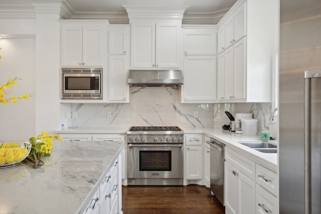 kitchen featuring white cabinets, decorative backsplash, sink, dark hardwood / wood-style floors, and appliances with stainless steel finishes