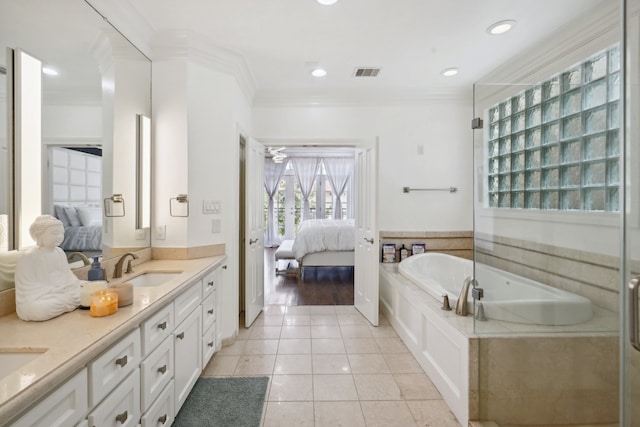 bathroom featuring a relaxing tiled tub, wood-type flooring, vanity, and ornamental molding