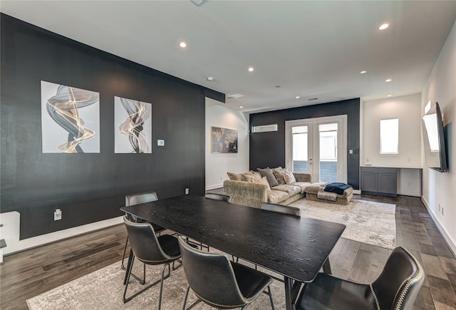 dining space with french doors and dark wood-type flooring