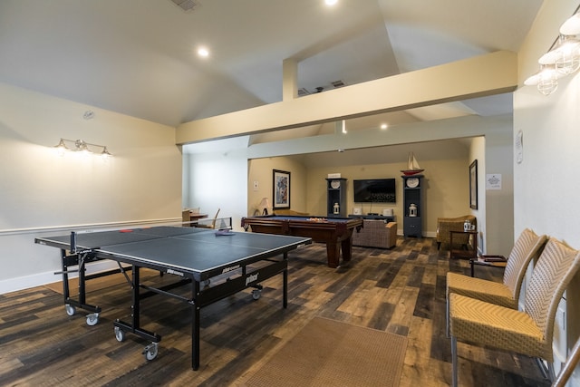 recreation room featuring high vaulted ceiling, dark hardwood / wood-style floors, and billiards