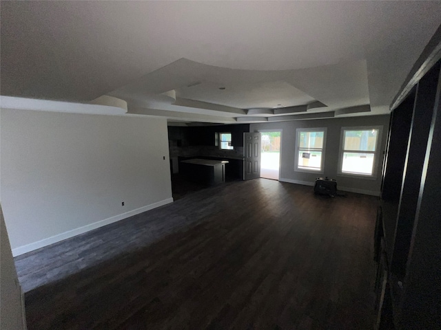 unfurnished living room with a tray ceiling and dark hardwood / wood-style flooring