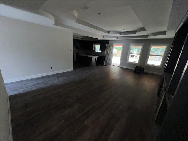 unfurnished living room with a raised ceiling and dark wood-type flooring