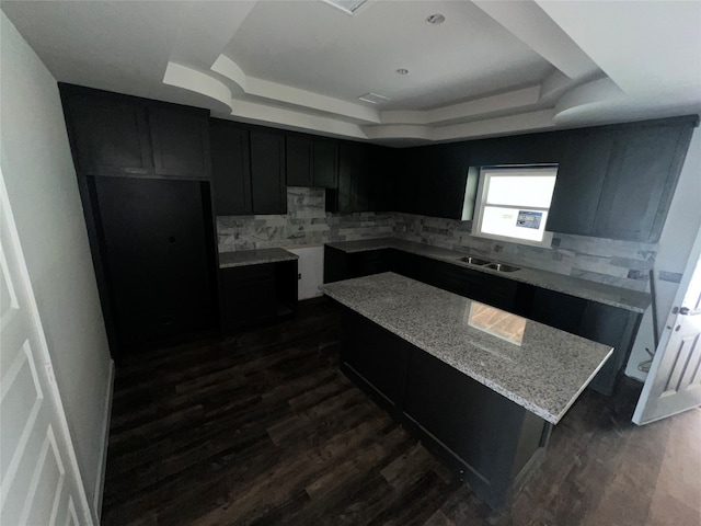 kitchen with light stone counters, a raised ceiling, dark wood-type flooring, and tasteful backsplash