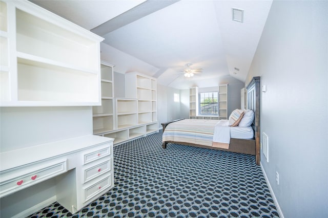 bedroom with carpet flooring, ceiling fan, and lofted ceiling