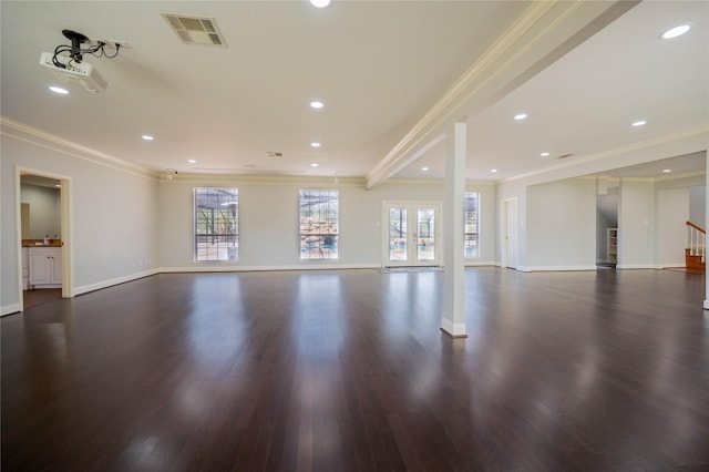 interior space featuring french doors, dark hardwood / wood-style floors, and ornamental molding