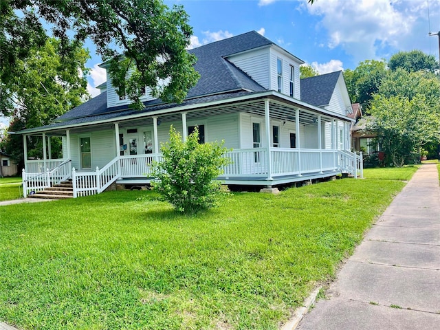 farmhouse with covered porch and a front lawn