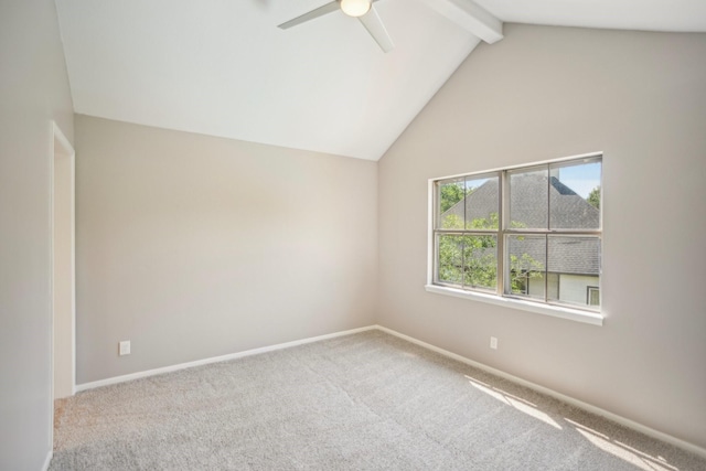 unfurnished room featuring carpet, high vaulted ceiling, ceiling fan, and beamed ceiling