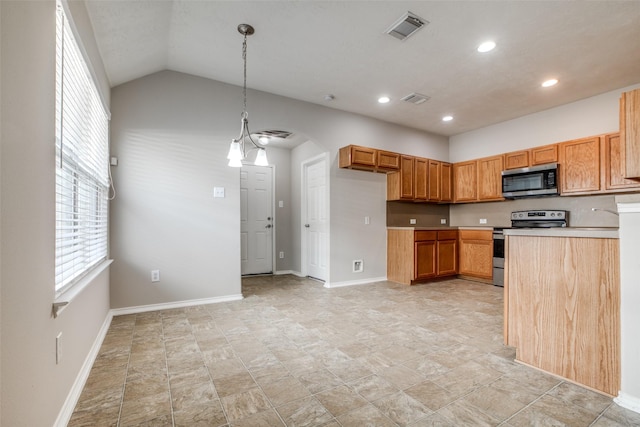 kitchen featuring pendant lighting, stainless steel appliances, vaulted ceiling, and an inviting chandelier