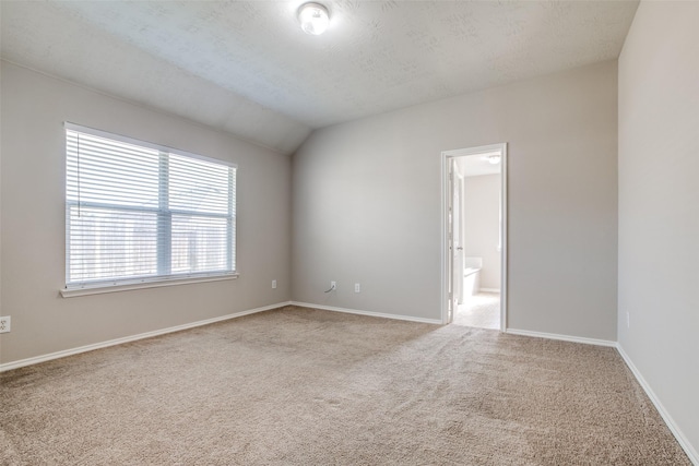 carpeted empty room featuring a textured ceiling and lofted ceiling