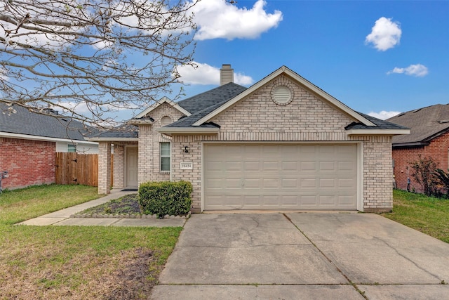 ranch-style home with driveway, a chimney, a garage, and fence