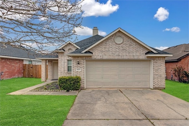 single story home with driveway, a front yard, a chimney, and fence