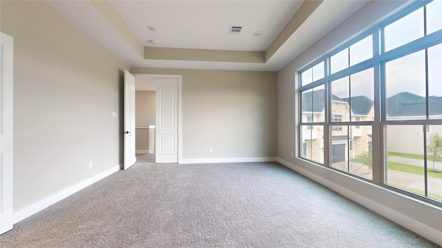 carpeted empty room with a raised ceiling and a mountain view