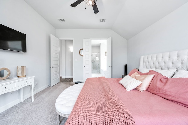 carpeted bedroom with vaulted ceiling and ceiling fan