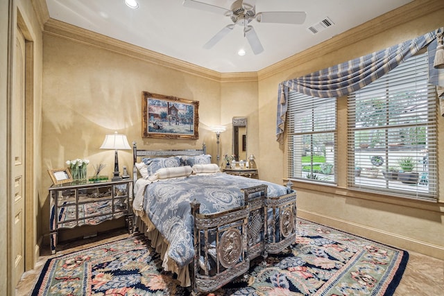 bedroom with crown molding and ceiling fan