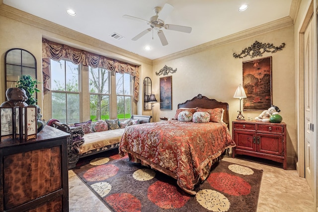 bedroom with ceiling fan and ornamental molding