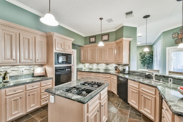 kitchen with black appliances, decorative light fixtures, a center island, and sink