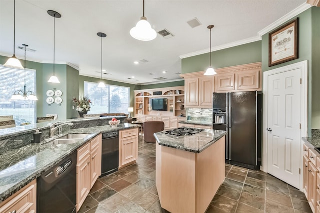 kitchen featuring black appliances, a center island, hanging light fixtures, and light brown cabinetry