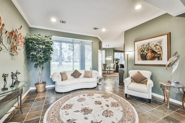 living room with crown molding and an inviting chandelier