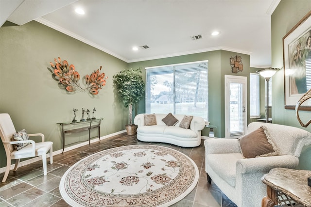 living room featuring crown molding