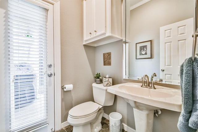 bathroom featuring toilet and crown molding