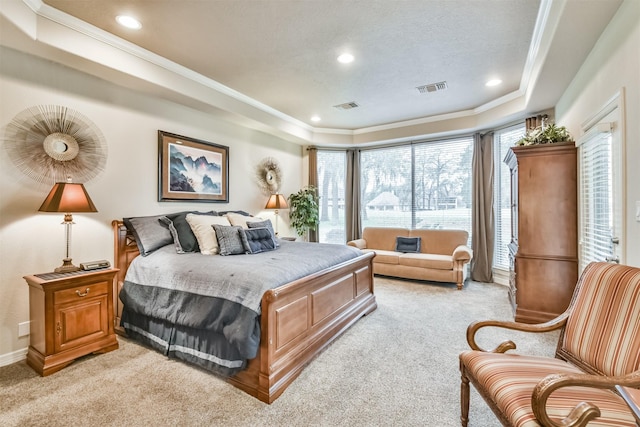 carpeted bedroom featuring ornamental molding