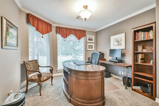 carpeted office with a textured ceiling and ornamental molding